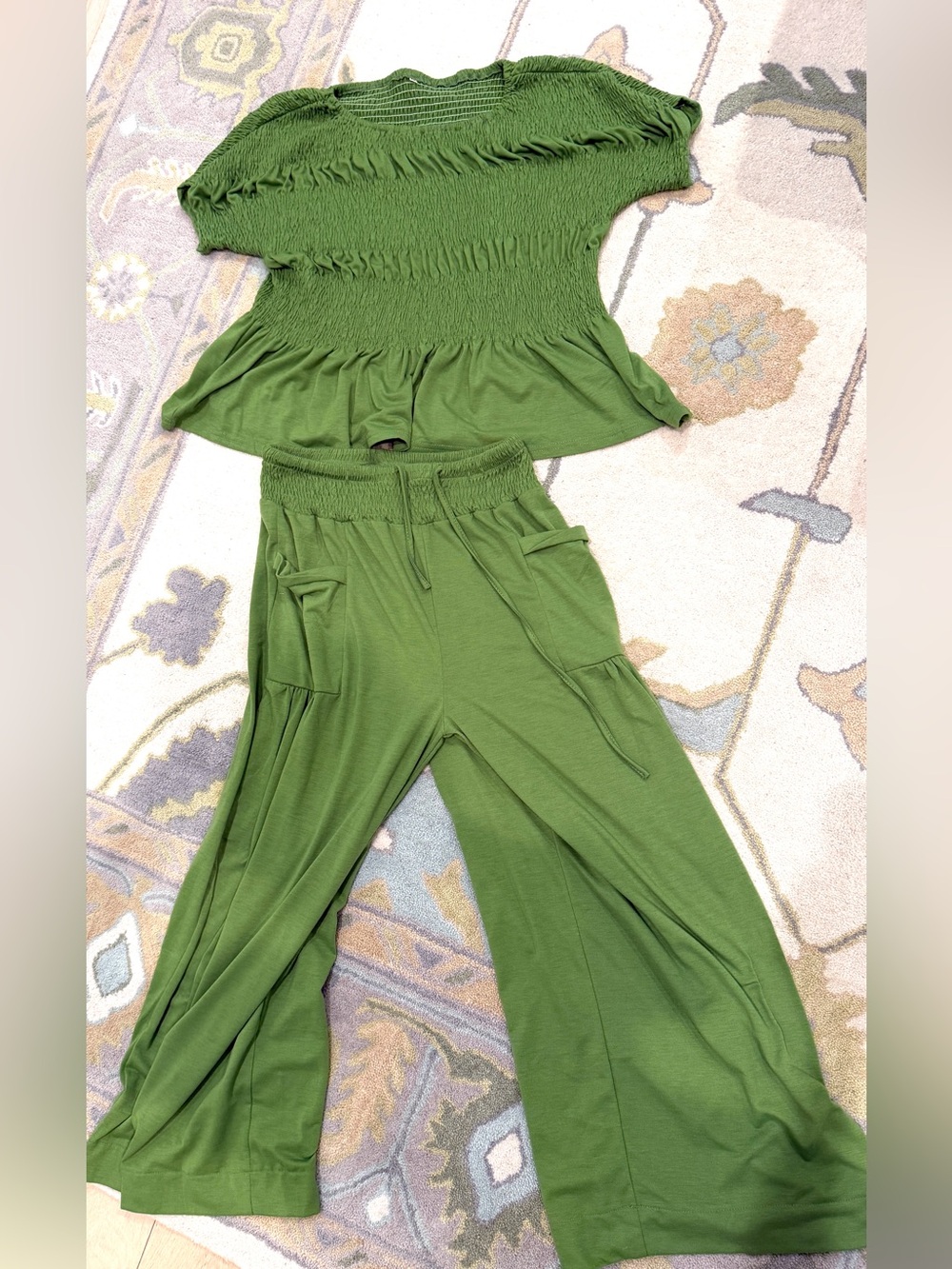 Green Smocked Short Sleeve Top & Wide Leg Pants Set